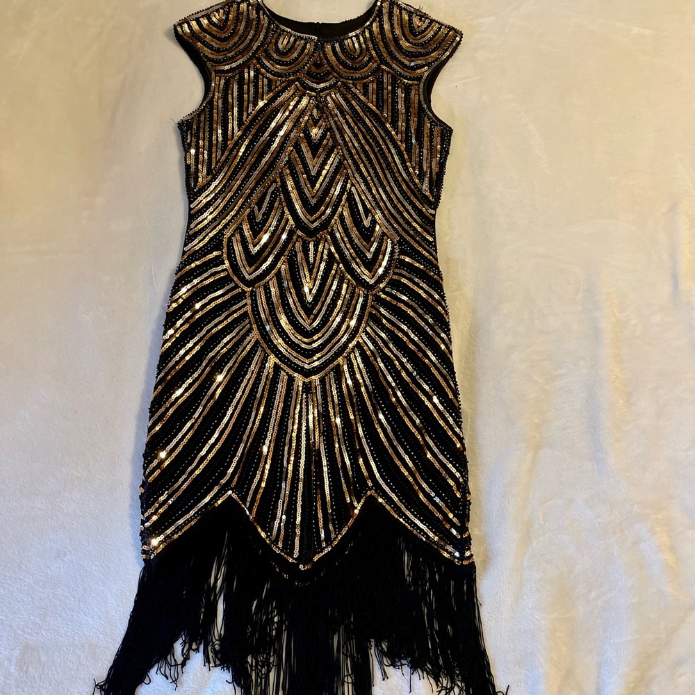 Black and Gold Beaded Fringe Midi Dress